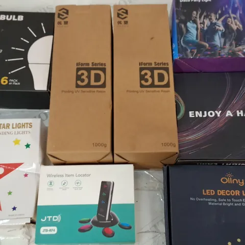 LOT OF 13 ASSORTED ITEMS TO INCLUDE PRINTING UV SENSITIVE RESIN, LED DECOR LIGHT AND LIGHT BULBS