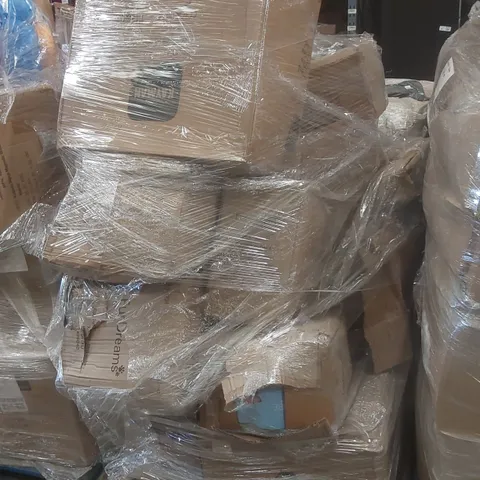 PALLET OF ASSORTED E-COMMERCE GOODS AND PRODUCTS TO INCLUDE: TILE EXERCISE MATS, DOG ROBES, DOUBLE SLEEPING BAGS ECT