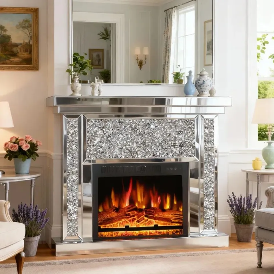 BOXED GHITA CASMEY MIRRORED GLASS ELECTRIC FIREPLACE CRUSHED DIAMOND 