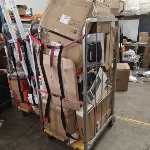 CAGE OF ASSORTED HOUSEHOLD GOODS AND PRODUCTS TO INCLUDE; JARS, DISH RACKS, BLENDER, TREE STAND ETC