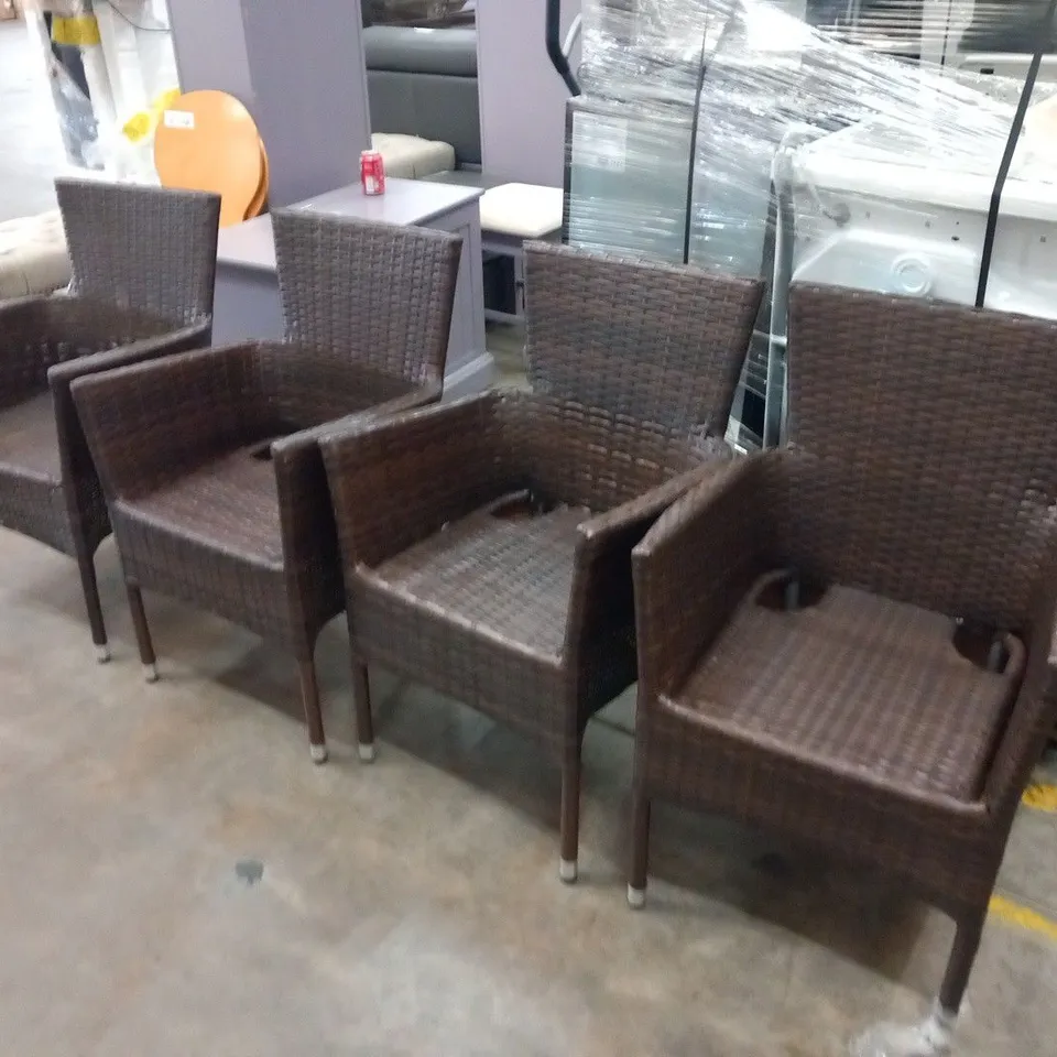 FOUR RATTAN EFFECT GARDEN STACKING CHAIRS