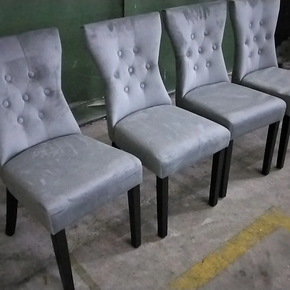 SET OF 4 PLUSH GREY FABRIC BUTTONBACK DINING CHAIRS WITH KNOCKER BACKS AND BLACK WOODEN LEGS