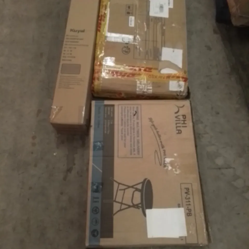 PALLET OF APPROXIMATELY ASSOQRTED HOUSEHOLD ITEMS TO INCLUDE OUTDOOR DESK , CHAIR MAT AND DRAWER SET 