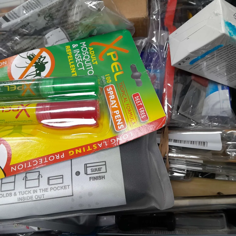 BOX OF APPROXIMATELY 14 ASSORTED ITEMS TO INCLUDE - TL-TAPE, OCEAN SAVER DISHWASHER TABLETS , XPEL ADULT MOSQUITO & INSECT REPELLENT ETC
