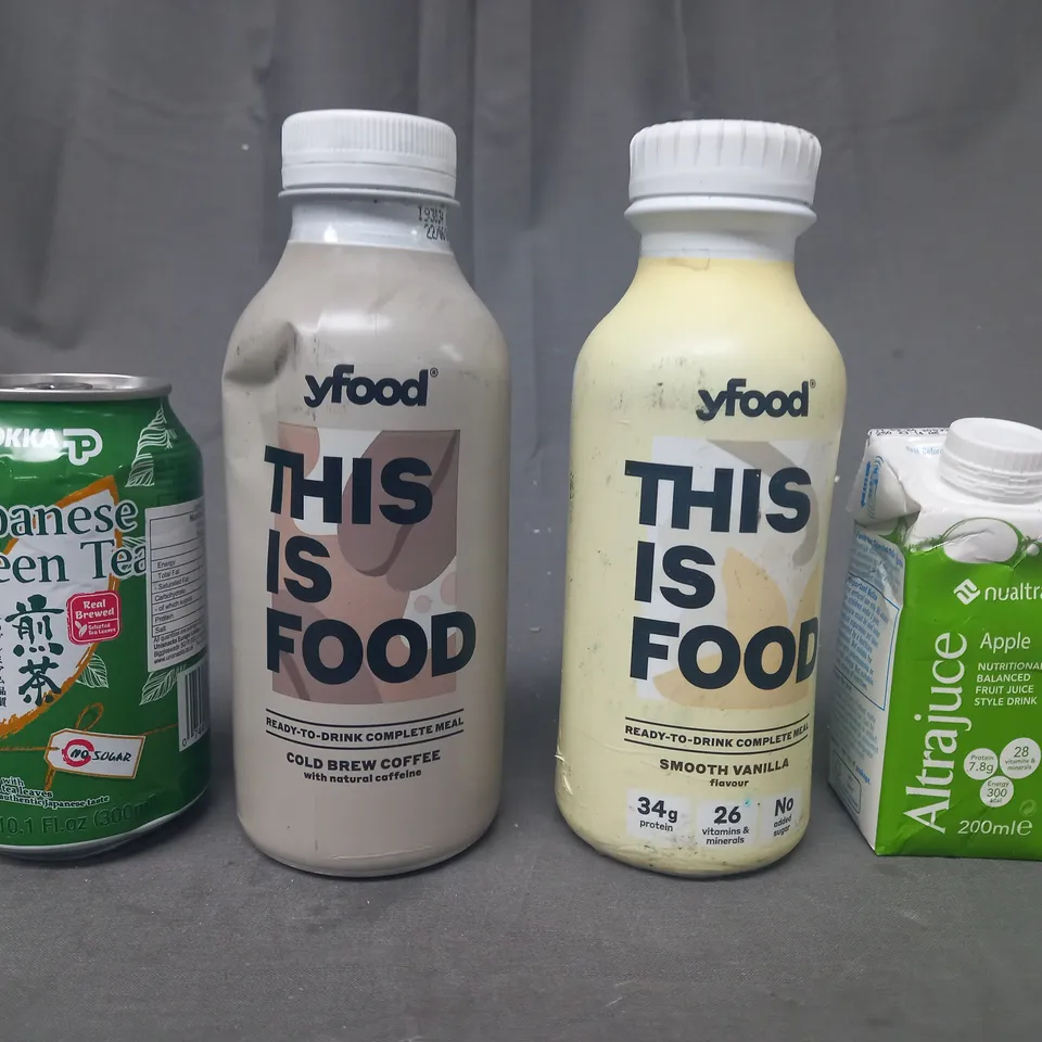 APPROXIMATELY 10 ASSORTED FOOD AND DRINK ITEMS TO INCLUDE YFOOD READY TO DRINK COMPLETE MEAL, POKKA JAPANESE GREEN TEA, NUALTRA FRUIT JUICE STYLE DRINK, ETC - COLLECTION ONLY