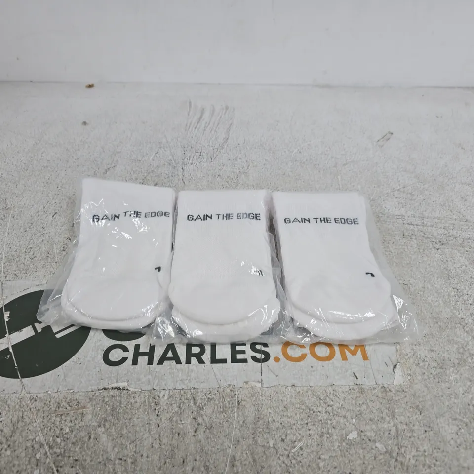 SET OF 3 "GAIN THE EDGE" LARGE WHITE SOCKS