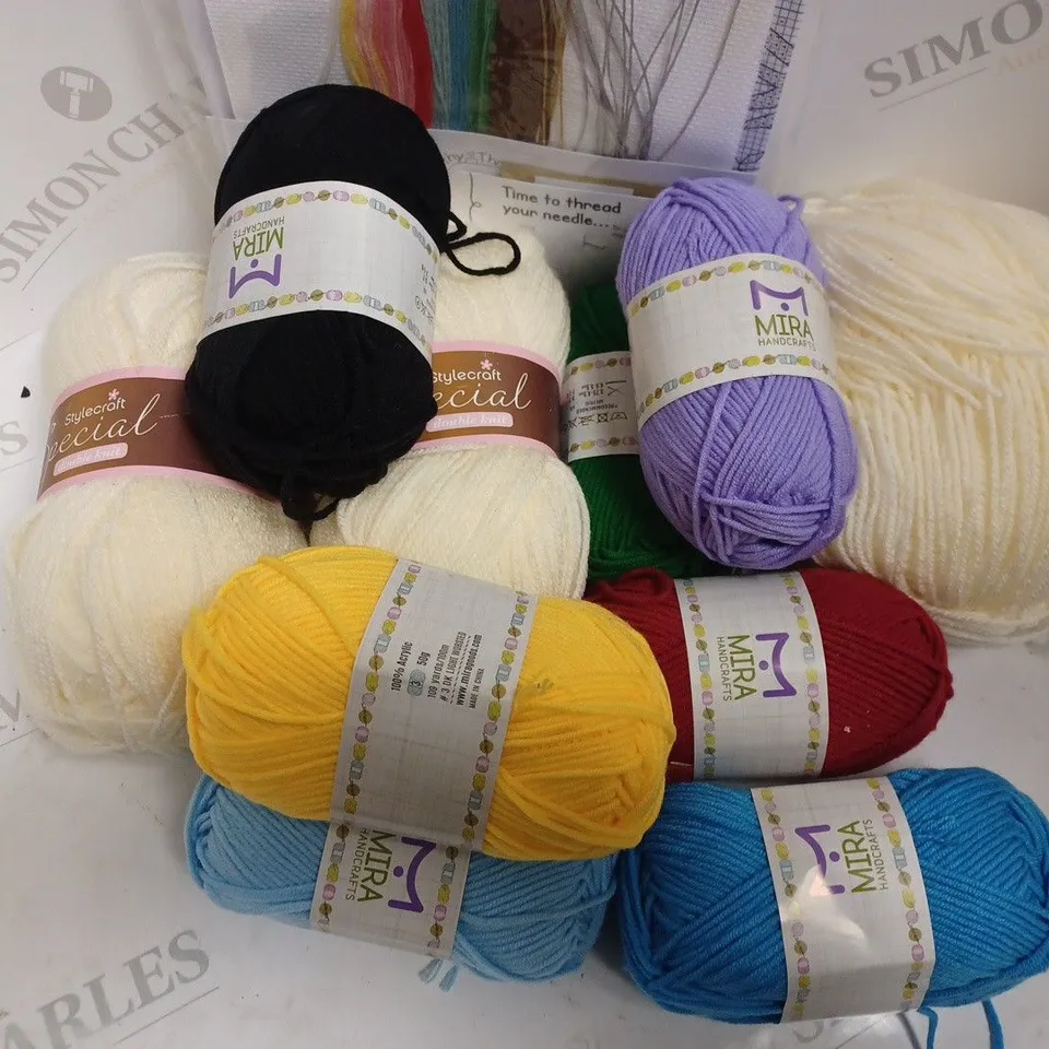 BOX OF ASSORTED COLOURS CRAFT MATERIALS FOR SEWING AND KNITTING