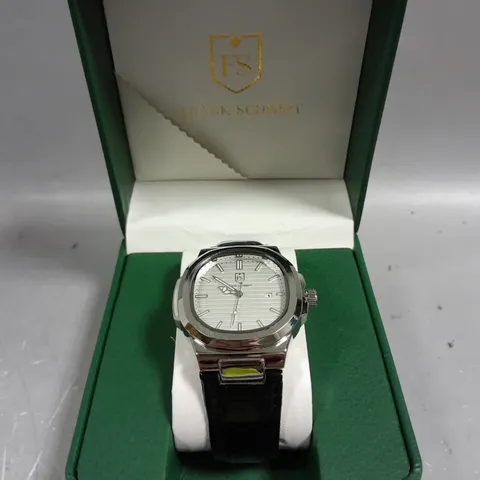 MENS FRANK SCHMIDT WATCH – TEXTURED DIAL WITH DATE – LEATHER STRAP- MODEL: FSL AMBASSADOR – 3ATM WATER RESISTANT