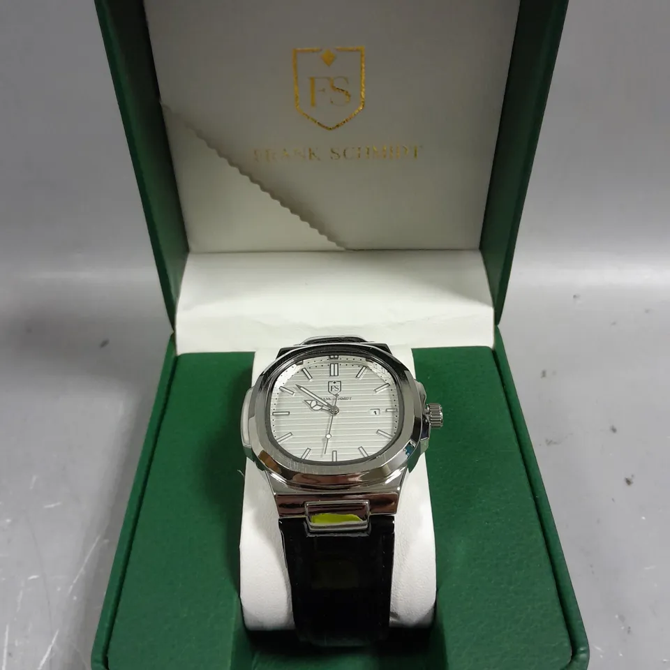 MENS FRANK SCHMIDT WATCH – TEXTURED DIAL WITH DATE – LEATHER STRAP- MODEL: FSL AMBASSADOR – 3ATM WATER RESISTANT