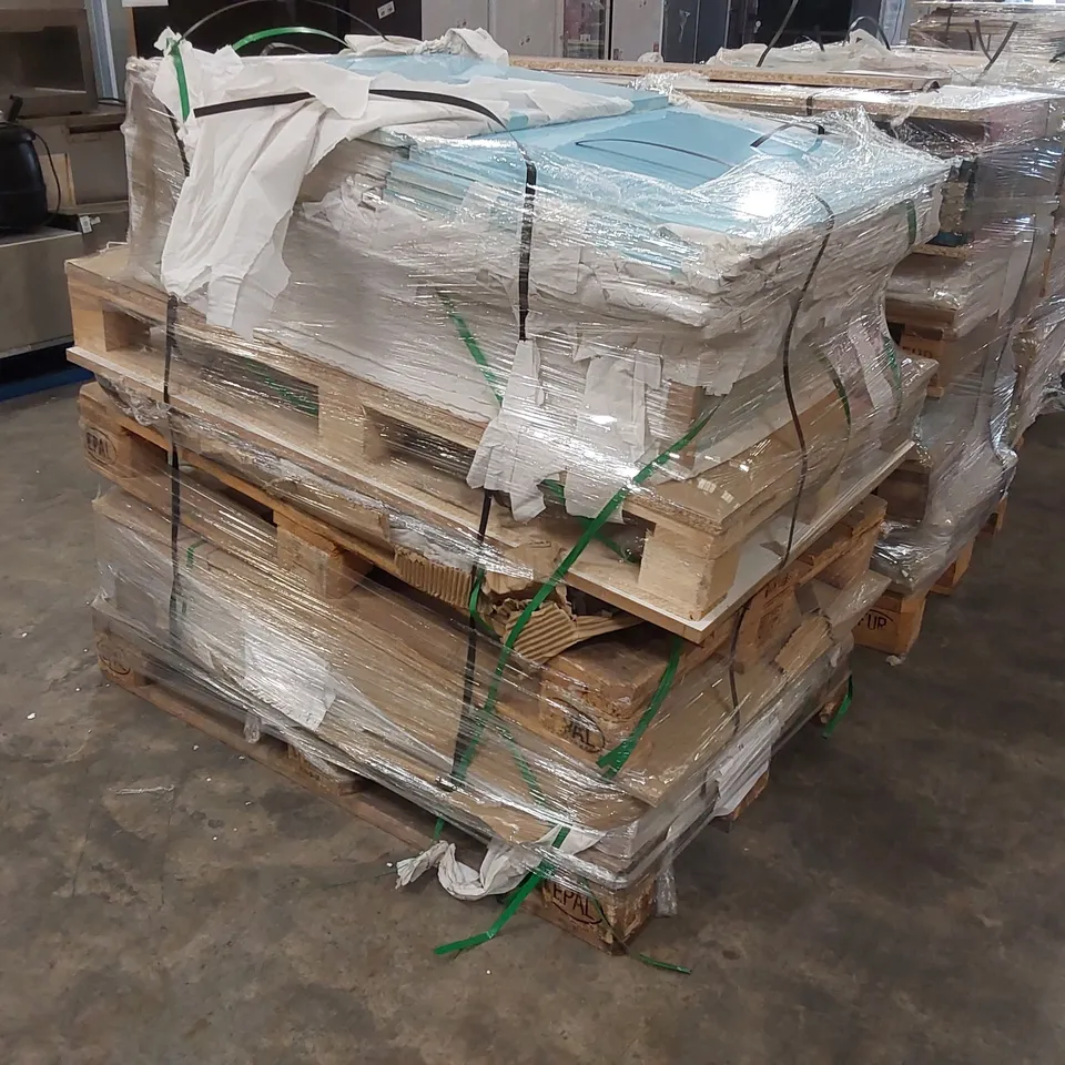 PALLET OF APPROXIMATELY 55 BRAND NEW IVORY CREAM GLOSS KITCHENS/BEDROOM REPLACEMENT CABINET DOOR/DRAWER/END PANELS IN ASSORTED SIZES TO INCLUDE;