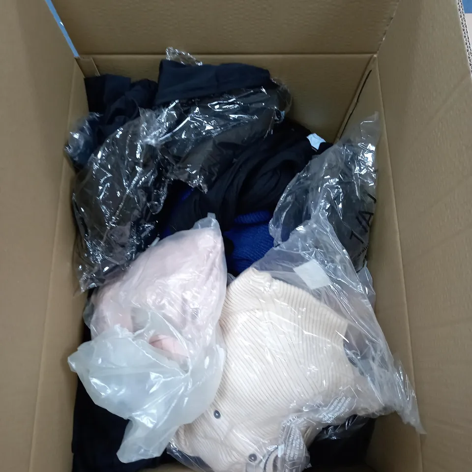 LARGE BOX OF ASSORTED CLOTHING ITEMS IN VARIOUS COLOURS AND SIZES INCLUDING TROUSERS , TOPS AND JUMPERS 