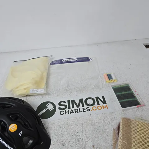 BOX OF APPROXIMATELY 15 ASSORTED ITEMS INCLUIDNG A ROCKRIDER ST100 HELMET, SOME FALSE EYELASHES AND SOME SEWING THREAD