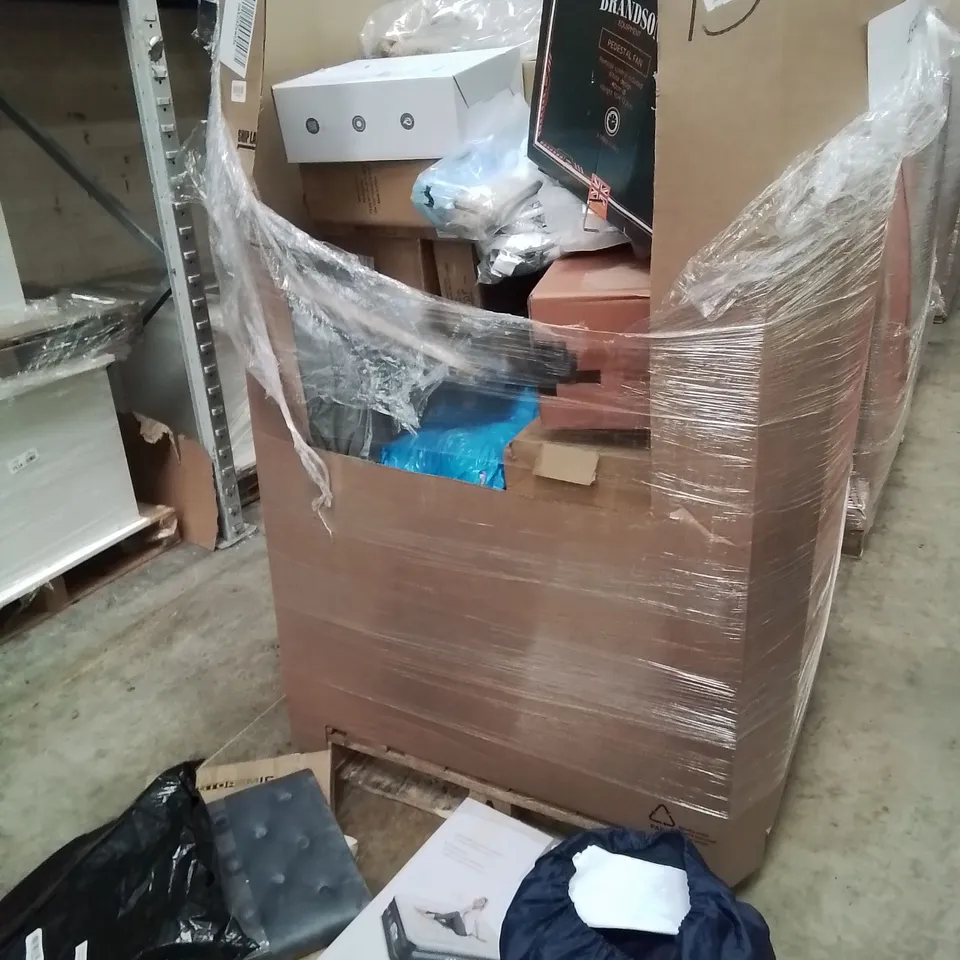 PALLET OF ASSORTED ITEMS, INCLUDING, QUEEN AIR MATTRESS, SOFT CLOSE TOILET SEAT, GET FIT AIR MATTRESS, PEDESTAL FAN, NON STICK WOK PAN, BATHROOM MIRROR,