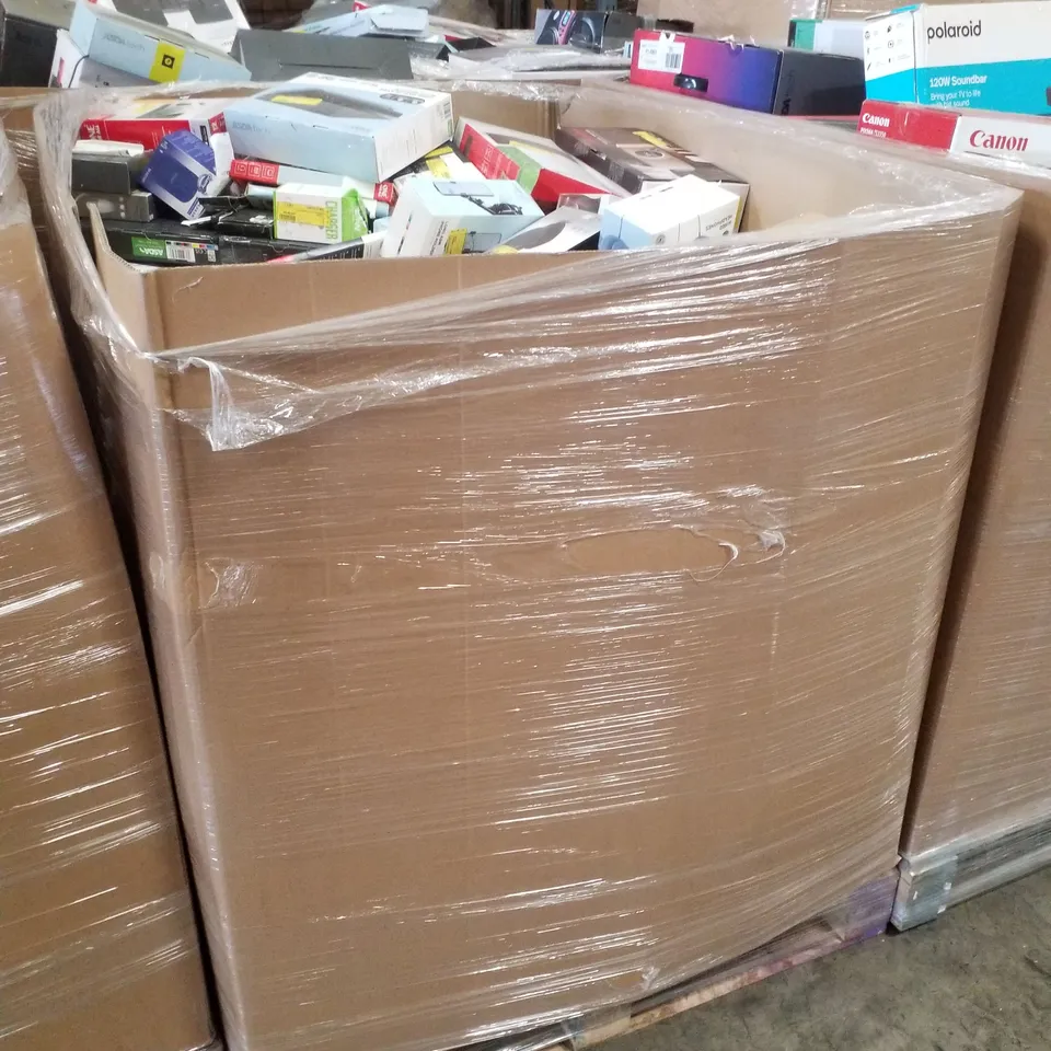 PALLET CONTAINING ASSORTED ELECTRICAL PRODUCTS INCLUDING BLUETOOTH BOOKSHELF SPEAKER, AERIAL, HDMI DVD PLAYER, WIRELESS HEADPHONES, FM ALARM CLOCK & BIG BUTTON LANDLINE PHONE 