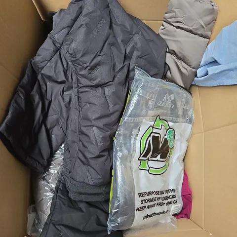 LARGE BOX OF ASSORTED CLOTHING ITEMS IN VARIOUS SIZES, STYLES AND COLOUR 