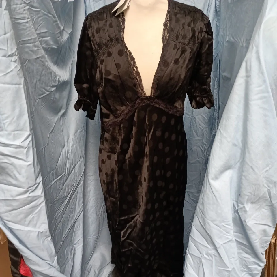 NOBODY'S CHILD BLACK LACE TRIM POLKA DOT SHEER DRESS, UK 16 (EU 44 / US 12)
