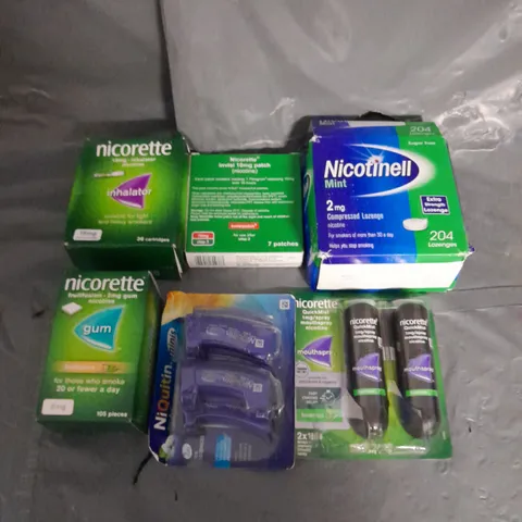APPROXIMATELY 15 ASSORTED SMOKING PREVENTION AIDS TO INCLUDE NICORETTE GUM, NICOTINELL LOZENGES, NICORETTE MOUTHSPRAY
