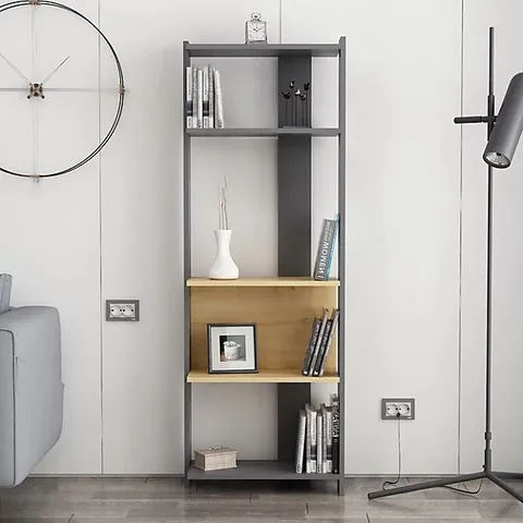 BOXED DECORTIE ABIS WIDE BOOKCASE MODERN DISPLAY SHELVING UNIT - ANTHRACITE/OAK (1 BOX)