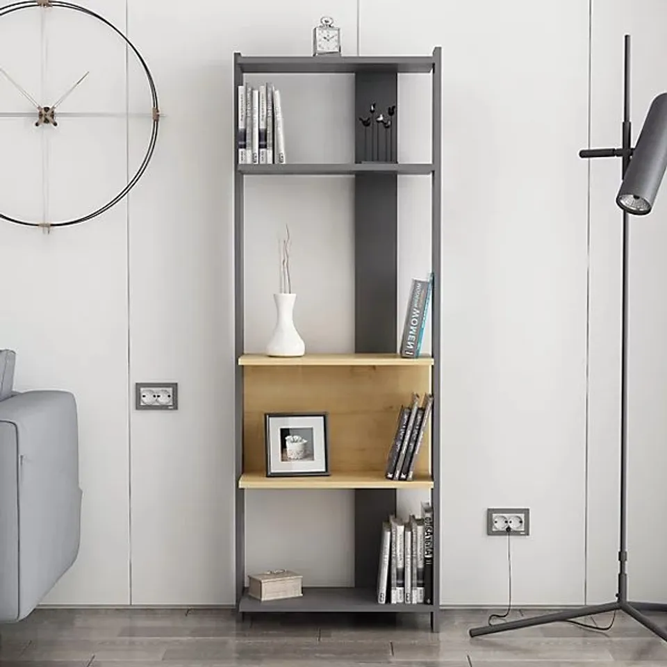 BOXED DECORTIE ABIS WIDE BOOKCASE MODERN DISPLAY SHELVING UNIT - ANTHRACITE/OAK (1 BOX)