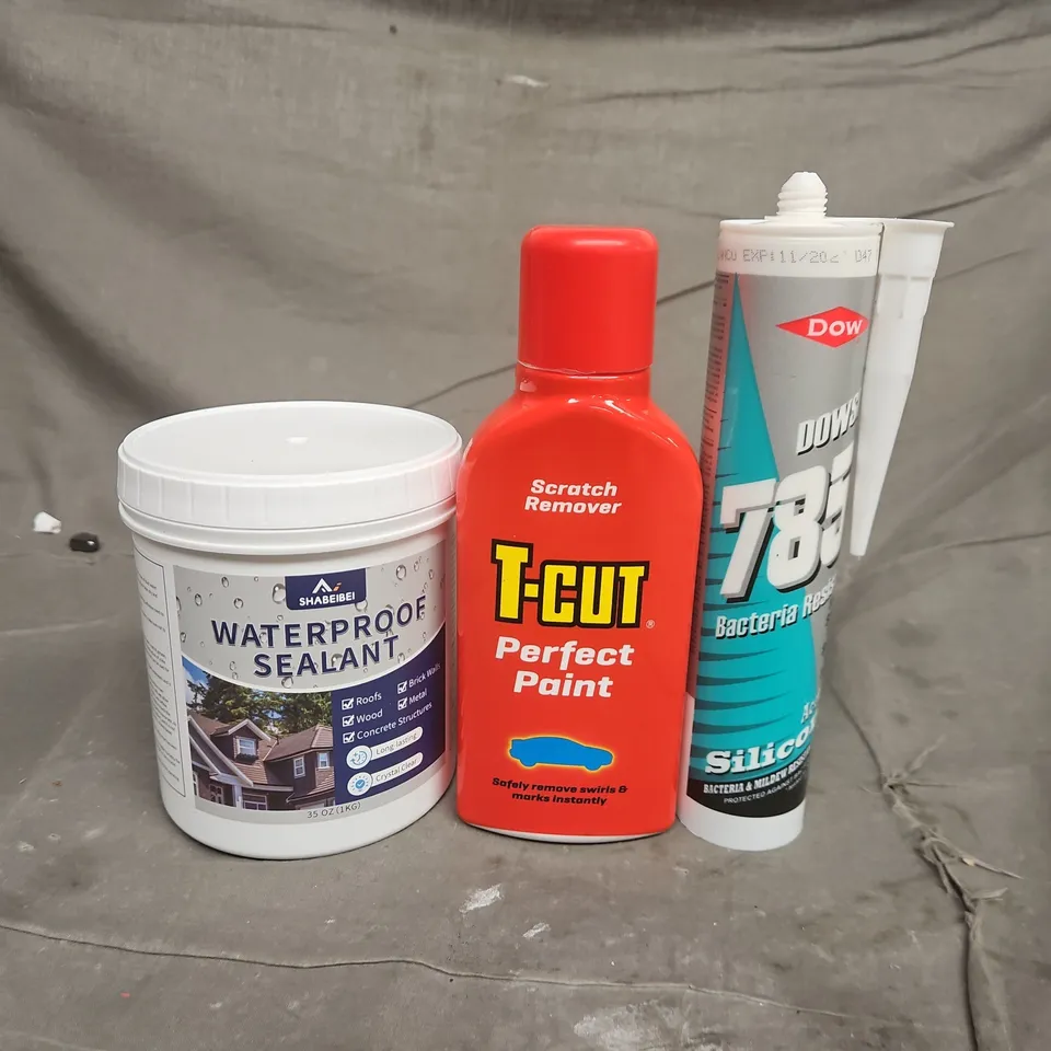 APPROXIMATELY 10 ASSORTED ITEMS TO INCLUDE WATERPROOF SEALANT , SCRATCH REMOVER AND SILICONE 