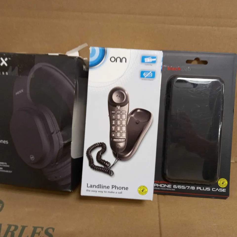 BOX OF APPROXIMATELY 20 ASSORTED ELECTRICAL ITEMS TO INCLUDE MIXX RX1 WIRELESS HEADPHONES, ONN LANDLINE PHONE, BLACKWEB IPHONE CASE, ETC