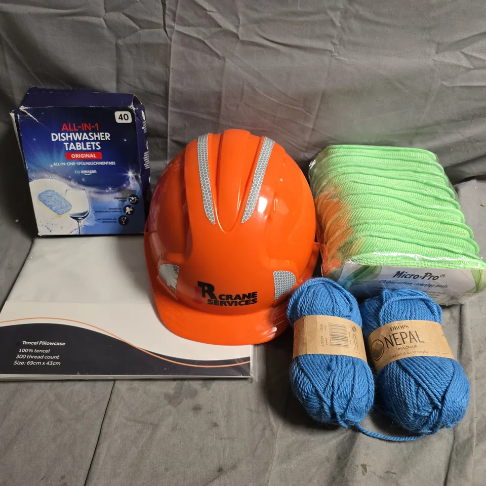 BOX OF APPROXIMATELY 15 ASSORTED HOUSEHOLD ITEMS TO INCLUDE PILLOWCASES, YARNS OF WOOL AND SAFETY HAT