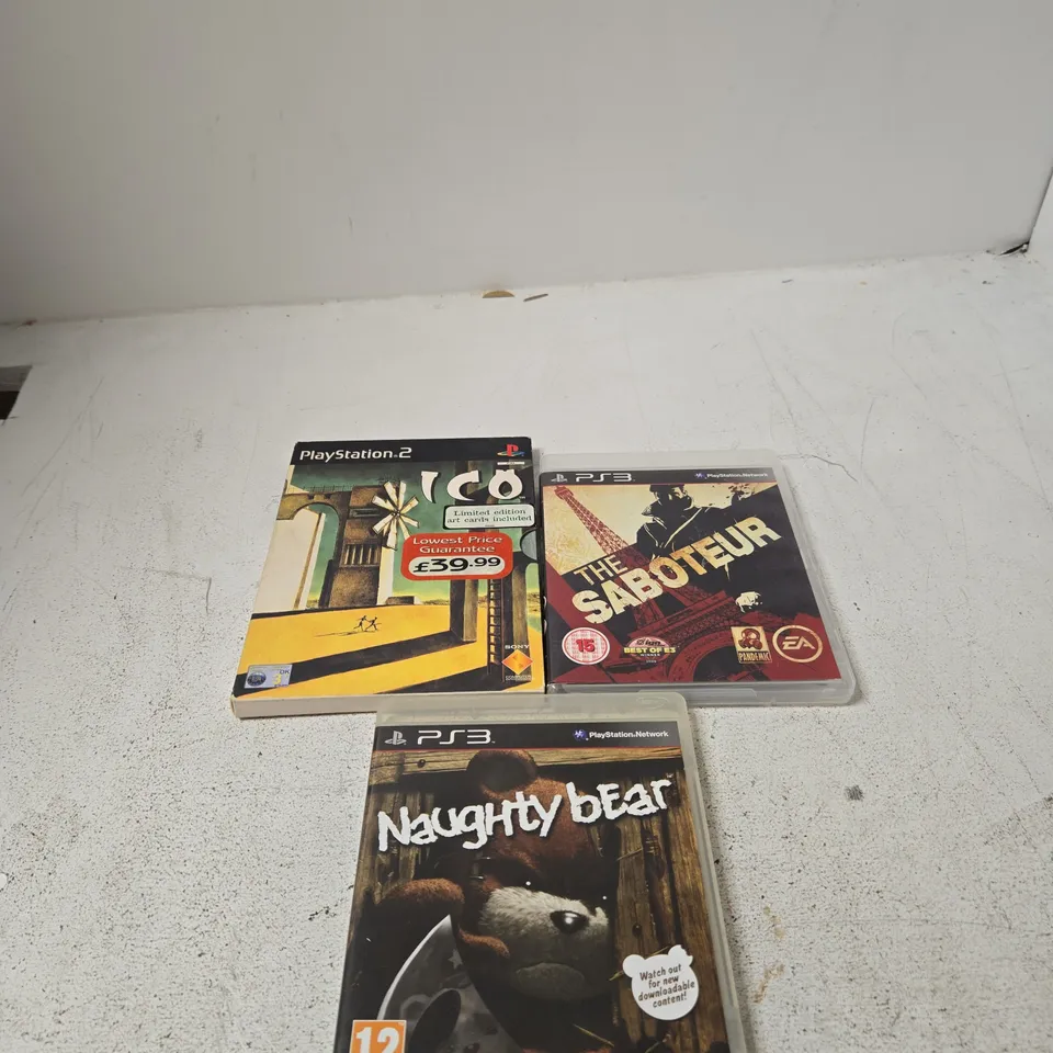 PLAYSTATION VIDEO GAME BUNDLE: NAUGHTY BEAR (PS3), THE SABOTEUR (PS3) + ICO PS2 