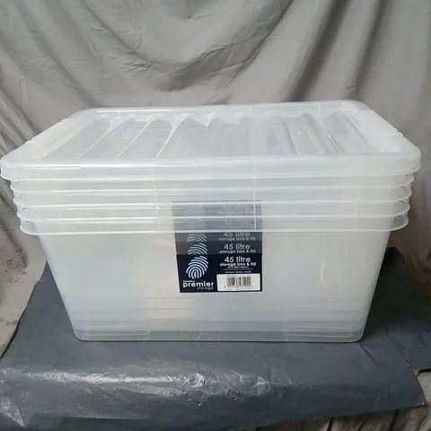 PREMIER STORAGE 5 X 45 LITRE CLEAR PLASTIC STORAGE TUBS WITH LIDS. BOXED