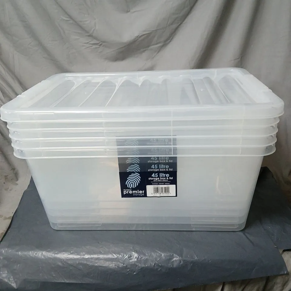 PREMIER STORAGE 5 X 45 LITRE CLEAR PLASTIC STORAGE TUBS WITH LIDS. BOXED