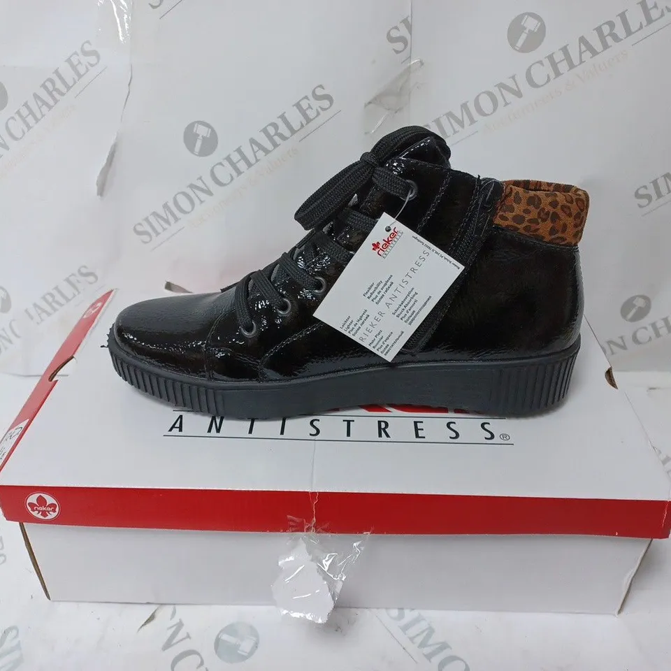BOXED PAIR OF RIEKER HI TOP TRAINERS WITH CUFF IN BLACK UK SIZE 6.5
