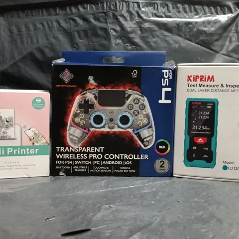 BOX OF APPROXIMATELY 20 ASSORTED HOUSEHOLD ITEMS TO INCLUDE MINI PRINTER, TRANSPARENT WIRELESS PRO CONTROLLER, DUAL LASER DISTANCE METER, ETC