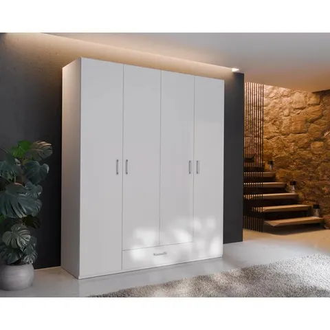 BOXED 4 DOOR WHITE WARDOBE WITH CLOTHES RAIL,178CM W X 211CM H X 54CM - WHITE (4 BOXES)