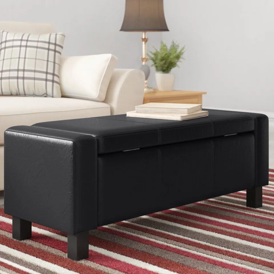 BOXED UPHOLSTERED STORAGE FOOTSTOOL- BLACK