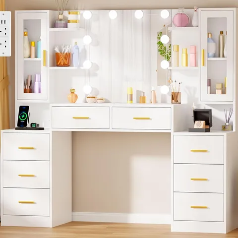 BOXED 150CM LARGE DRESSING TABLE WITH MIRROR,10 LED LIGHTS,POWER OUTLET | WHITE MAKEUP VANITY DESK WITH POWER OUTLET AND 8 DRAWERS 8 STORAGE SHELVES MODERN VANITY TABLE FOR GIRL WOMEN BEDROOM