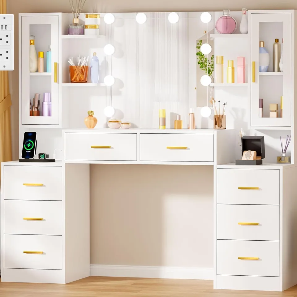 BOXED 150CM LARGE DRESSING TABLE WITH MIRROR,10 LED LIGHTS,POWER OUTLET | WHITE MAKEUP VANITY DESK WITH POWER OUTLET AND 8 DRAWERS 8 STORAGE SHELVES MODERN VANITY TABLE FOR GIRL WOMEN BEDROOM