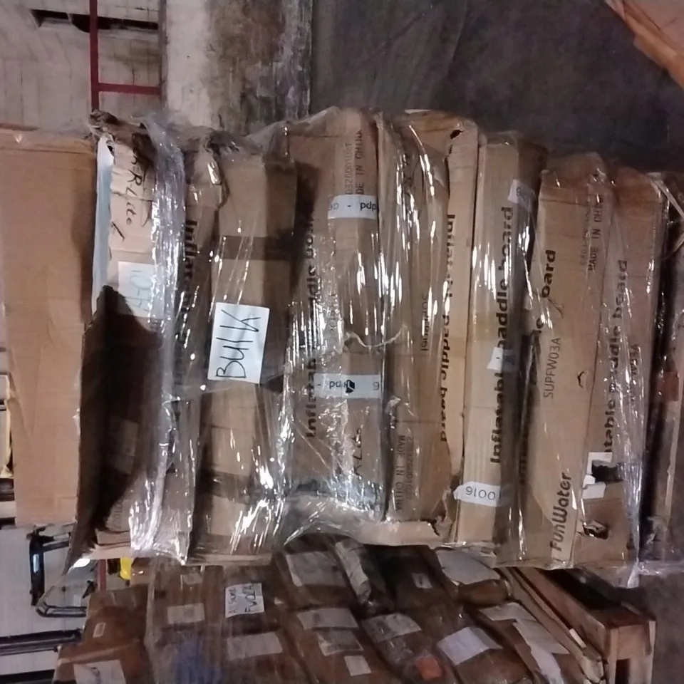 PALLET CONTAINING APPROXIMATELY 18 INFLATABLE PADDLE BOARDS MODELS MAY VARY AND ACCESSORIES MAY BE MISSING