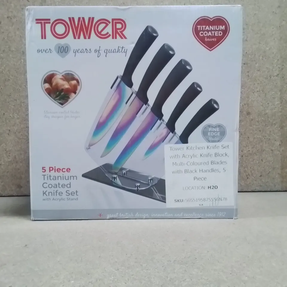 BOXED TOWER KITCHEN KNIFE SET MULTICOLOURED BLADES AND ACRYLIC STAND