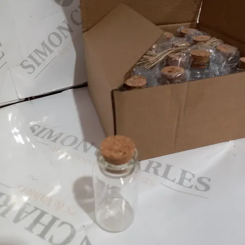 16 X SMALL GLASS BOTTLES WITH STRING AND SIGNS FOR PERSONALISATION 