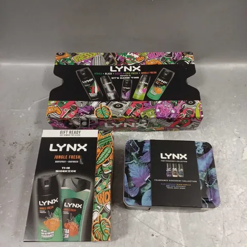 LOT OF 3 ASSORTED LYNX BOXSETS TO INCLUDE - IT'S GAME TIME BODYSPRAY SET - JUNGLE FRESH BODY DUO - FINE FRAGRANCE DISCOVERY COLLECTION