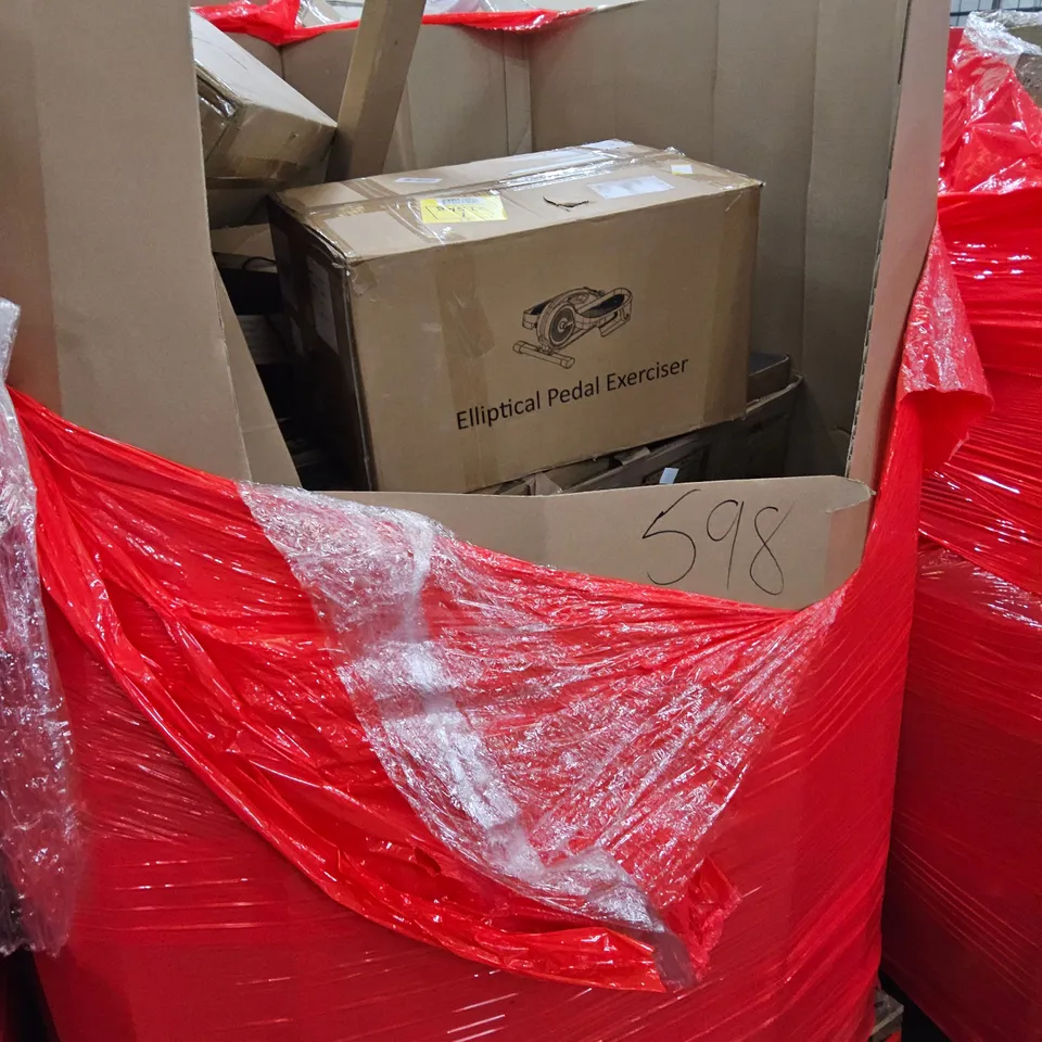 PALLET OF ASSORTED ITEMS TO INCLUDE, ELLIPTICAL PEDAL EXCERCISERS, CHILDS BIKE, HOLLYWOOD LED MAKE UP MIRROR, CLOTHES AIRER, TV WALL MOUNT.