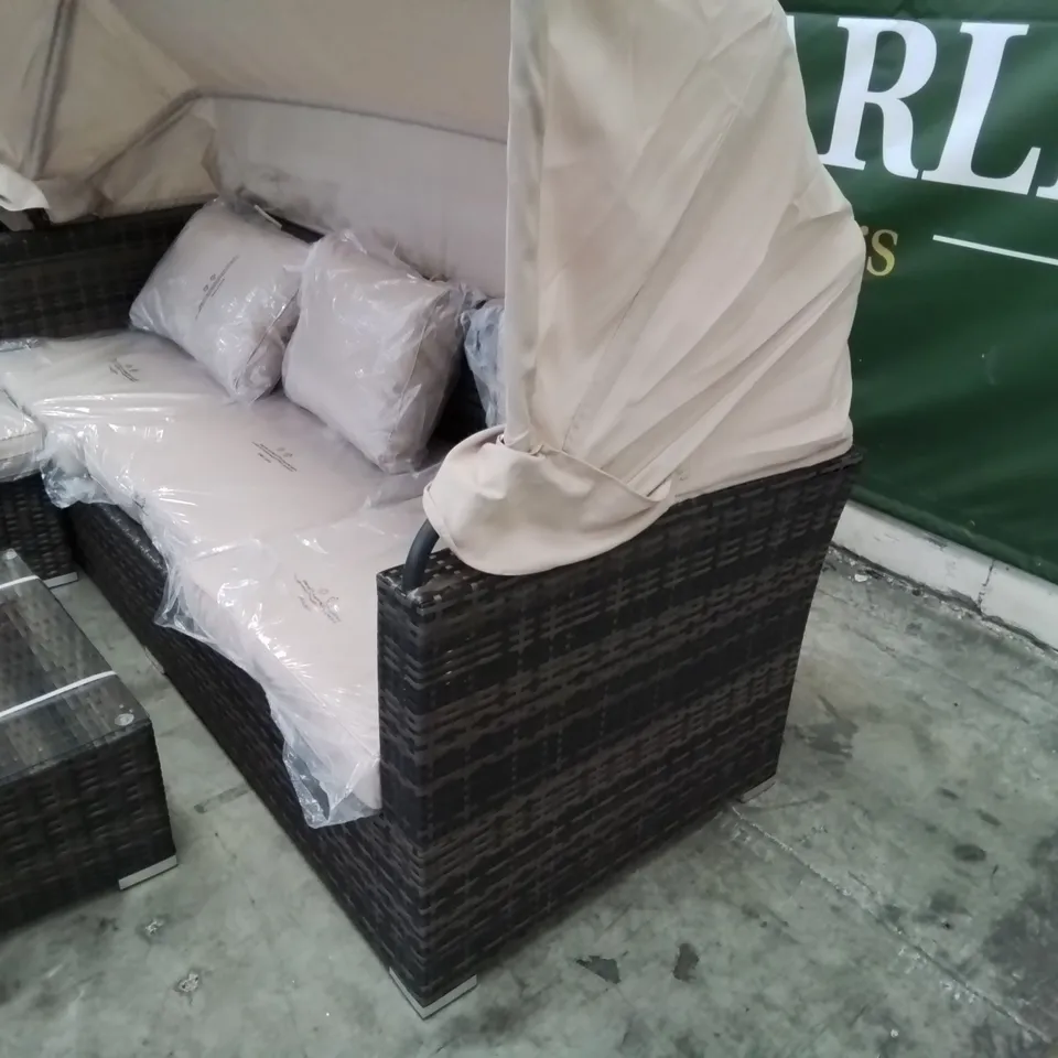 GRADE 1 CORAL BAY SUNBED SET COMPRISING THREE SEATER SOFA WITH SUN CANOPY,  FOOTSTOOL & COFFEE TABLE 