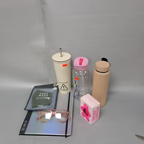 BOX OF ASSORTED HOUSEHOLD ITEMS TO INCLUDE BOTTLES, NOTEPADS, GLASSES ETC