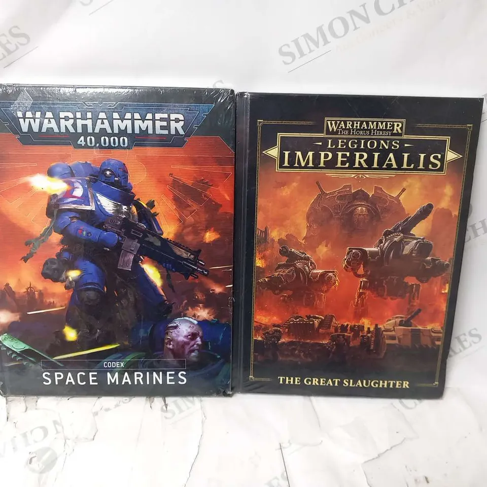 TWO SEALED WARHAMMER BOOKS TO INCLUDE; YHE HORUS HERESY LEGIONS IMPERIALIS THE GREAT SLAUGHTER AND 40,000 CODEX SPACE MARINES