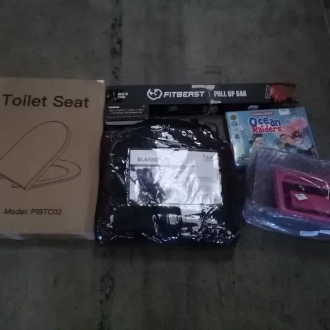 PALLET OF ASSORTED ITEMS INCLUDING TOILET SEAT, PULL UP BAR, STROLLER & CAR SEAT FOOTMUFF, BLACK WIRE BASKET, KIDS BOARD GAME, LED COOPER WIRE LIGHT