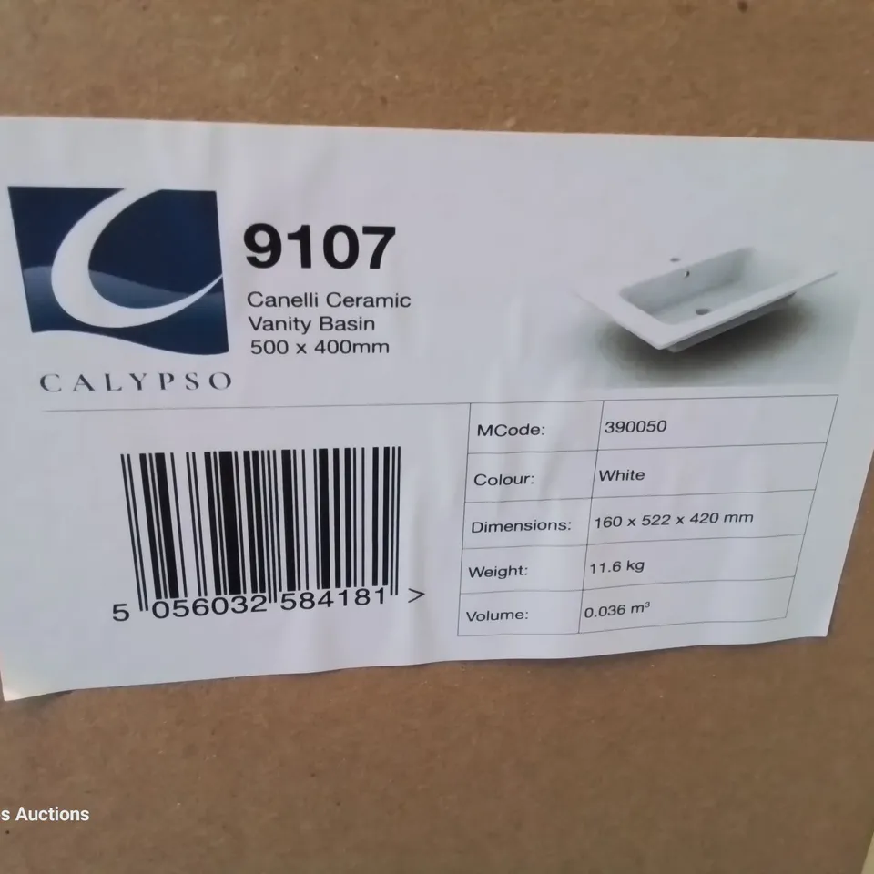 BOXED CANELLI CERAMIC SINGLE TAP VANITY BASIN WHITE 500 × 400mm