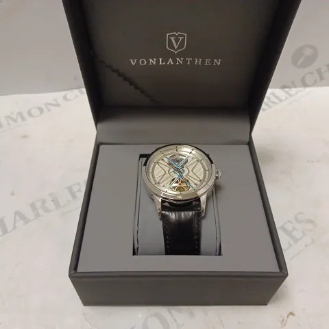 MENS VONLANTHEN AUTOMATIC WATCH – SILVER AND BLUE TEXTURED DIAL - GLASS EXHIBITION BACKCASE – BLACK LEATHER STRAP