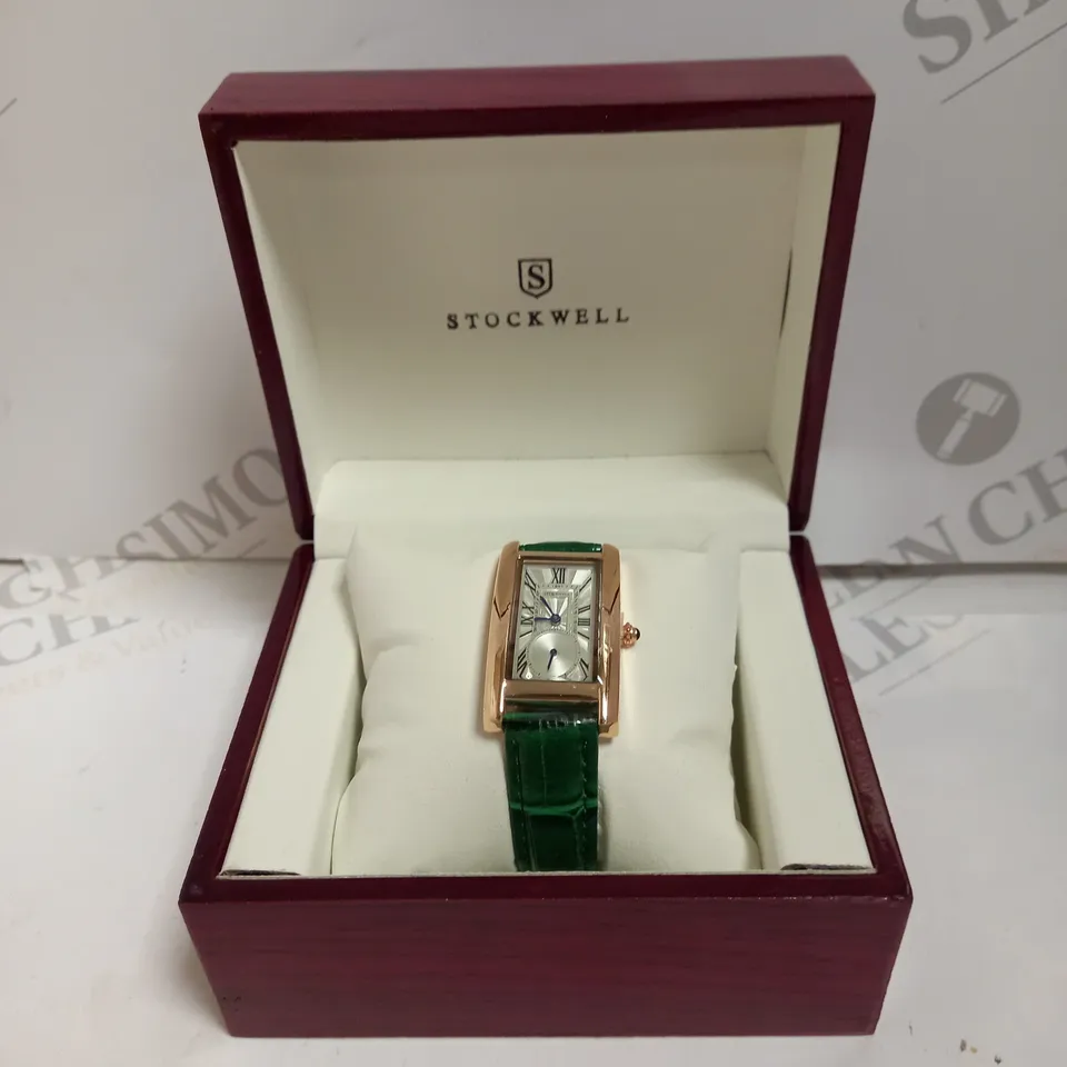 LADIES STOCKWELL WATCH – TEXTURED DIAL WITH SUB DIAL MINUTE HAND – GREEN LEATHER STRAP.