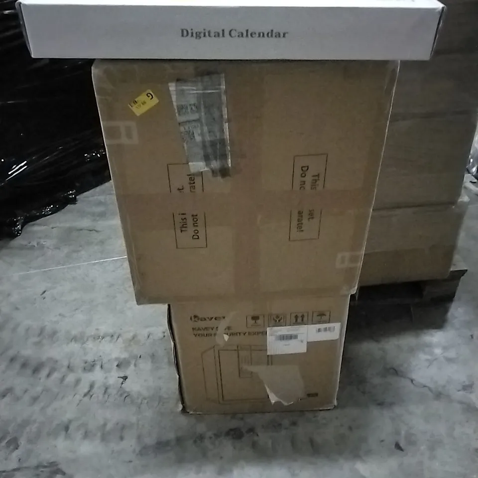 PALLET OF HOUSEHOLD ITEMS TO INCLUDE DIGITAL CALENDAR, CAT TOWER, SAFE AND OTHER ASSORTED ITEMS...