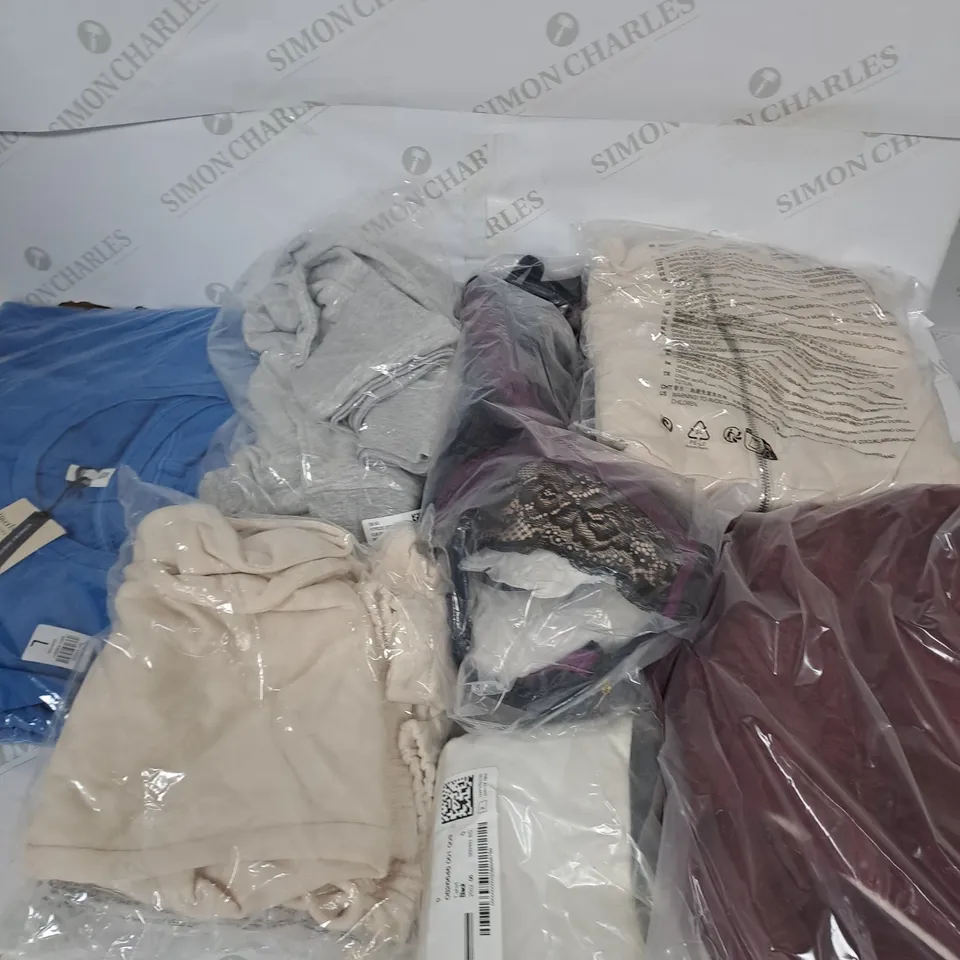 LARGE BOX OF ASSORTED CLOTHING ITEMS IN VARIOUS COLOURS AND SIZES INCLUDING TROUSERS , TOPS AND JUMPERS 