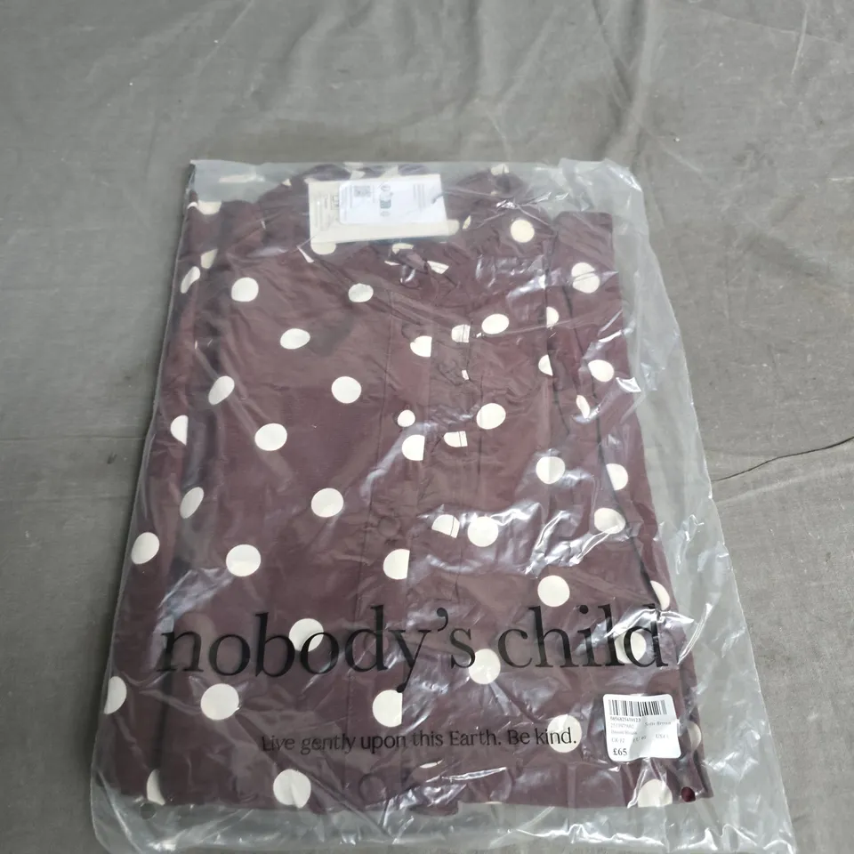 NOBODY'S CHILD BRONTE BLOUSE – SOFT BROWN WITH WHITE POLKA DOTS, UK 12